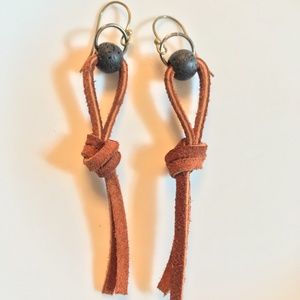 ARTISAN Chestnut Brown Leather Knot Lava Bead on Bronze Earrings 3 1/2”